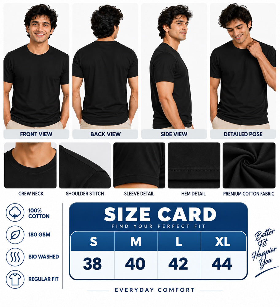 Clothizen Men's Premium 100% Cotton Solid T-Shirt | Black | Round Neck| Half Sleeves | Regular Fit | 180 GSM | Bio-Washed