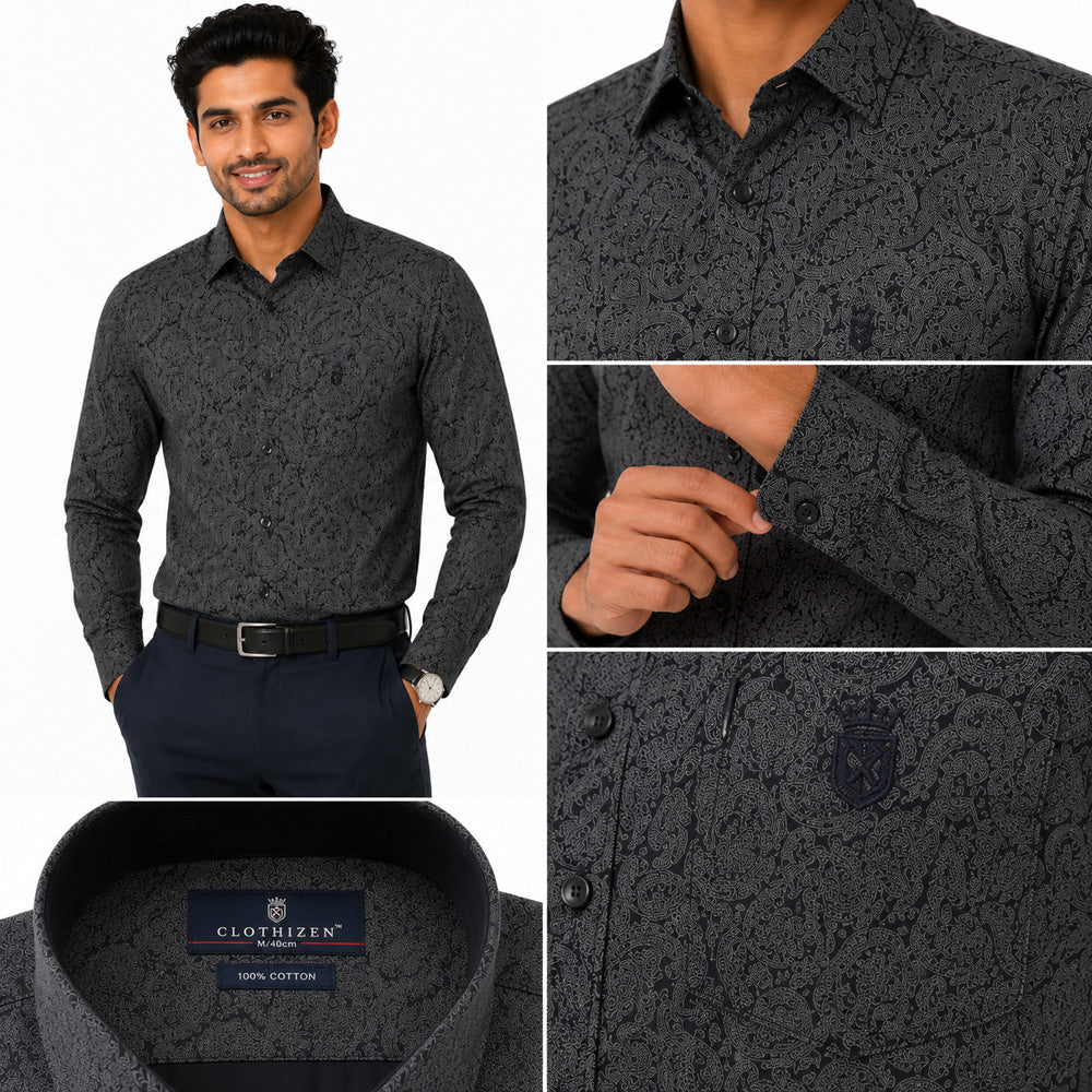Men's Printed Regular Fit  Semi Formal Shirt | Black | Premium | 100% Cotton | Full Sleeves | Single Chest Pocket