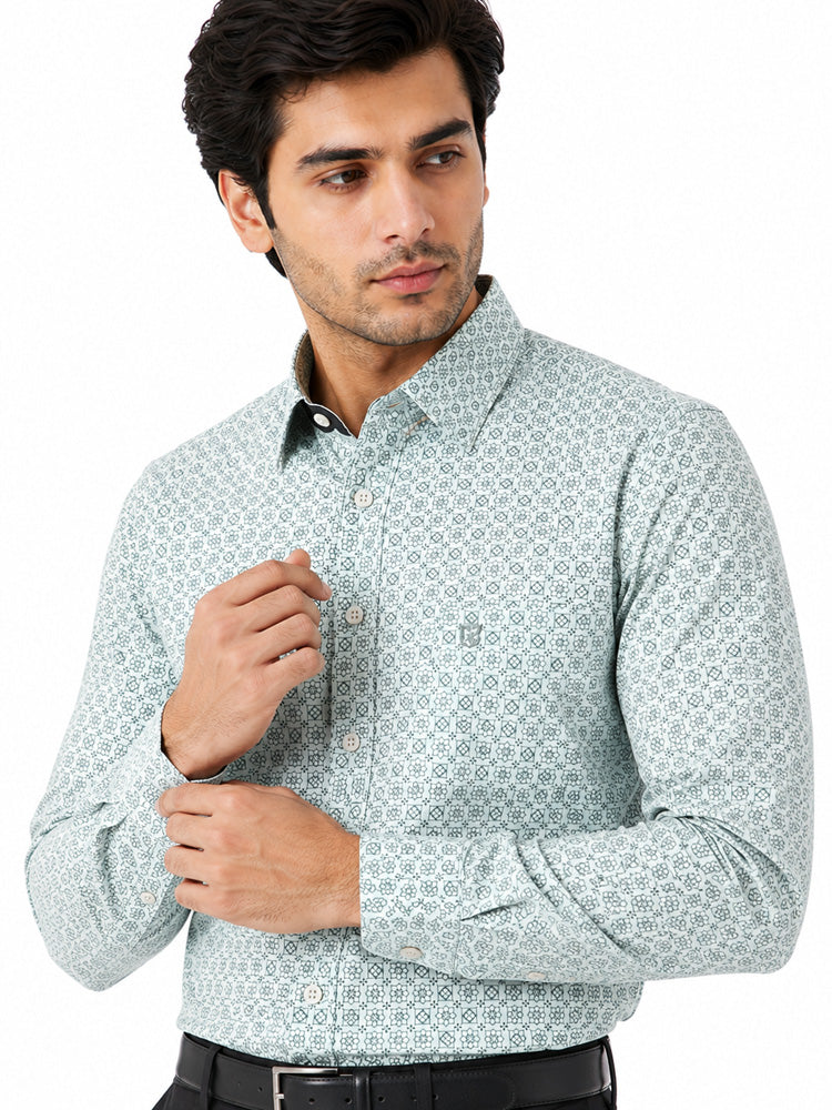 Men's Printed Regular Fit Formal Shirt |Aqua Blue Premium |100% Satin Cotton | Full Sleeves | Single Chest Pocket
