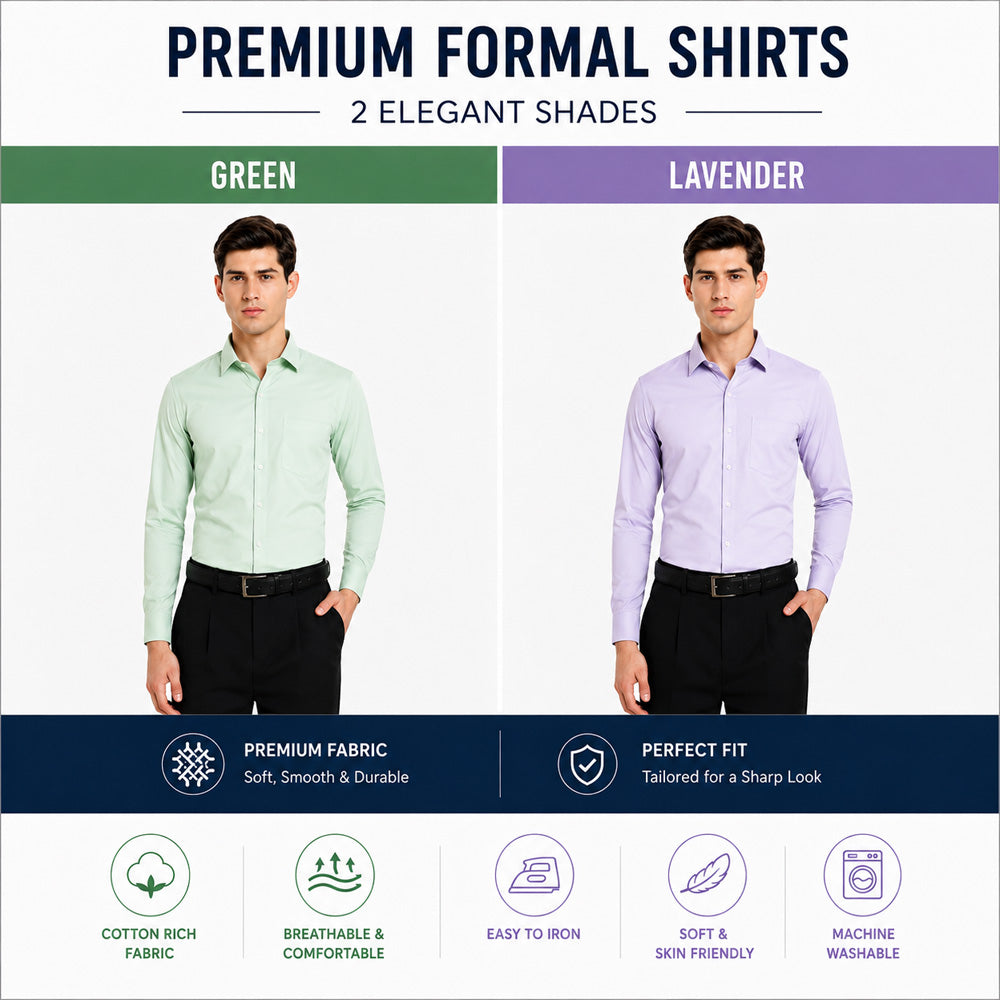 Clothizen Men's Solid Formal Shirt pack of 2 | Green | Lavender | Premium | Cotton Enriched | Full Sleeves | Comfort Fit | Single Chest Pocket