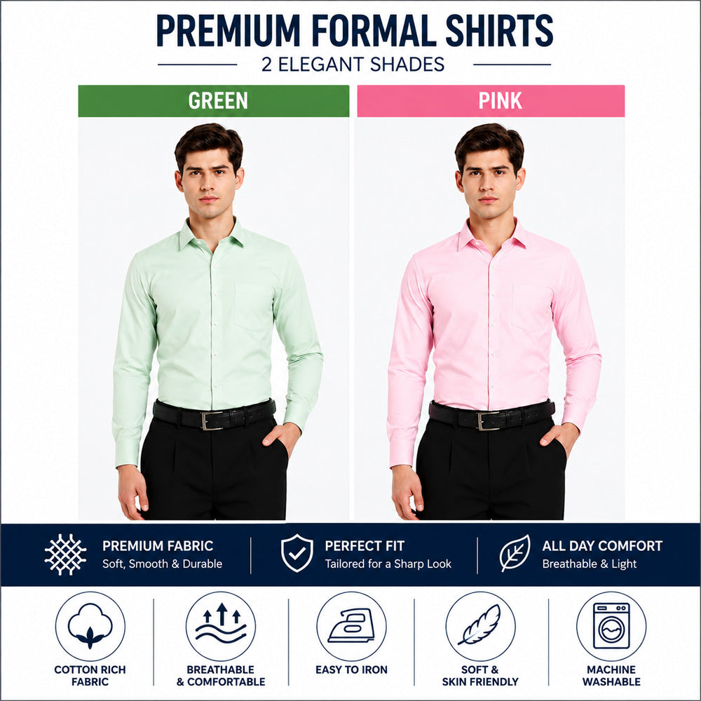 Clothizen Men's Solid Formal Shirt pack of 2 | Green | Pink | Premium | Cotton Enriched | Full Sleeves | Comfort Fit | Single Chest Pocket