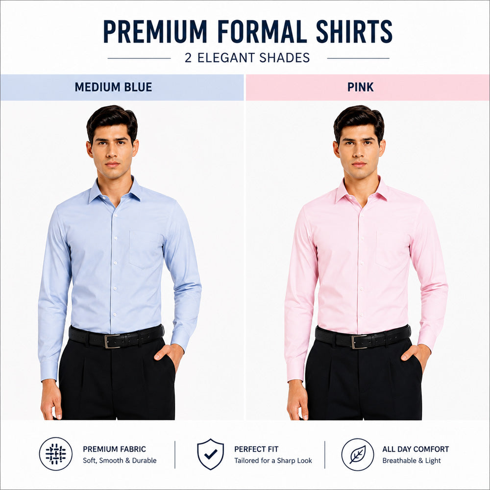 Clothizen Men's Solid Formal Shirt pack of 2 Medium Blue | Pink| Premium | Cotton Enriched | Full Sleeves | Comfort Fit | Single Chest Pocket