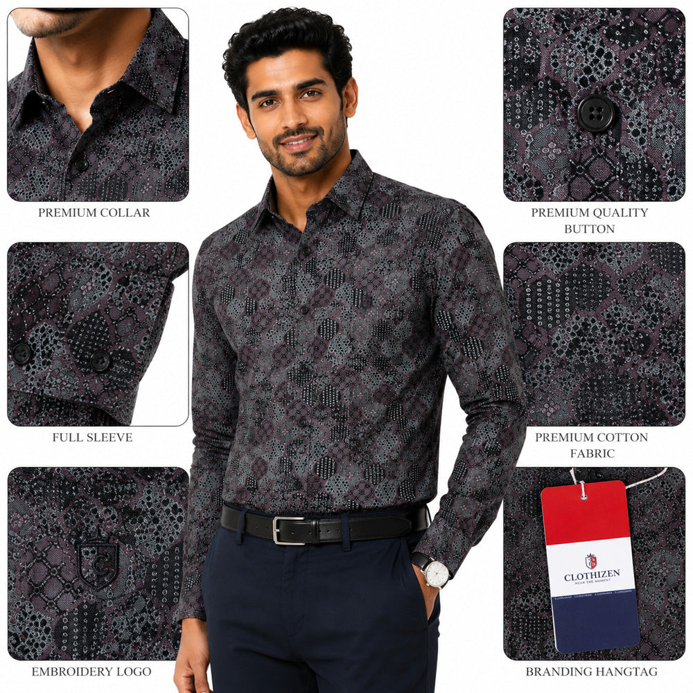 Men's Printed Regular Fit  Semi Formal Shirt | Wine Black | Premium | 100% Cotton | Full Sleeves | Single Chest Pocket