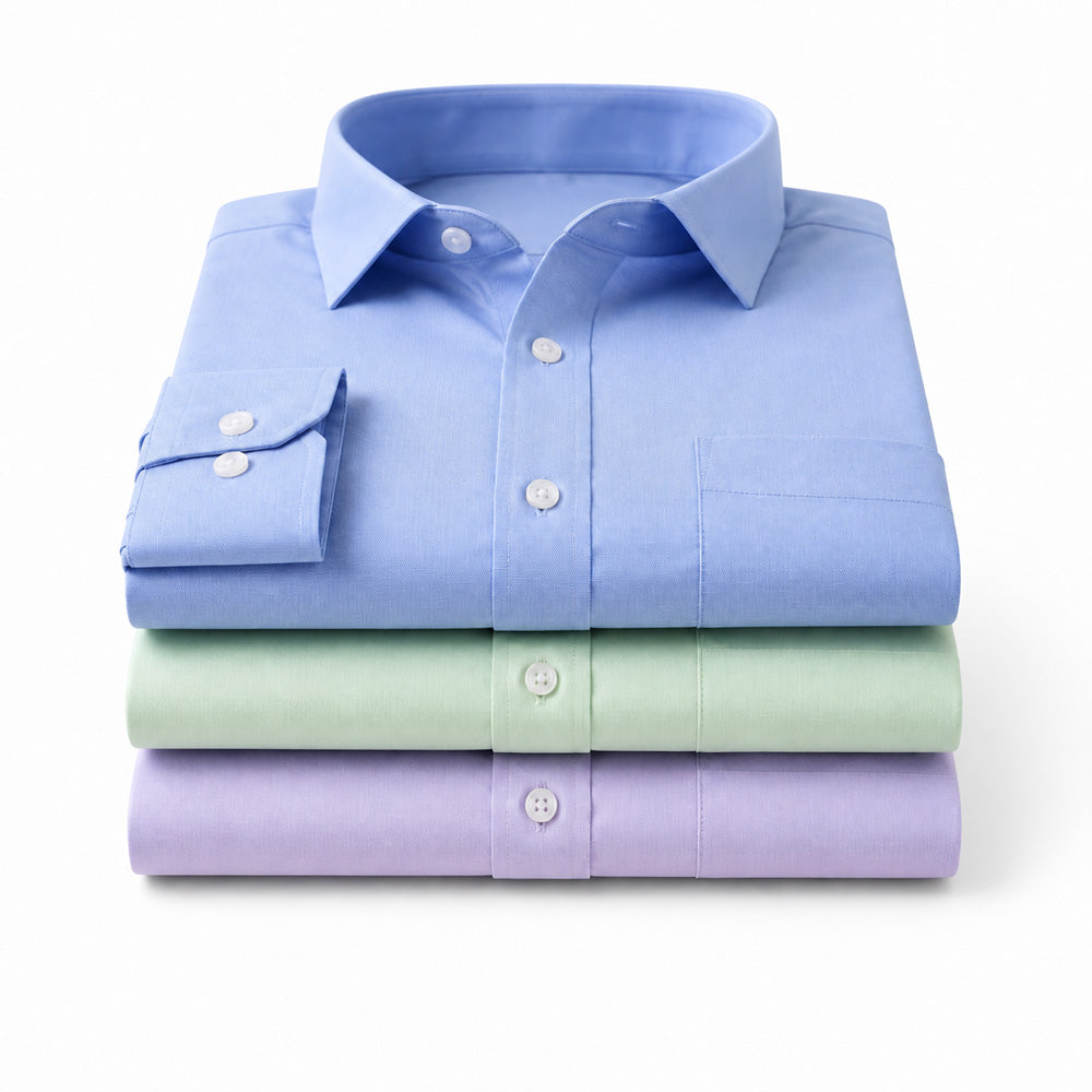 Clothizen Men's Solid Formal Shirt pack of 3 | Green | Lavender | Medium Blue | Premium | Cotton Enriched | Full Sleeves | Comfort Fit | Single Chest Pocket