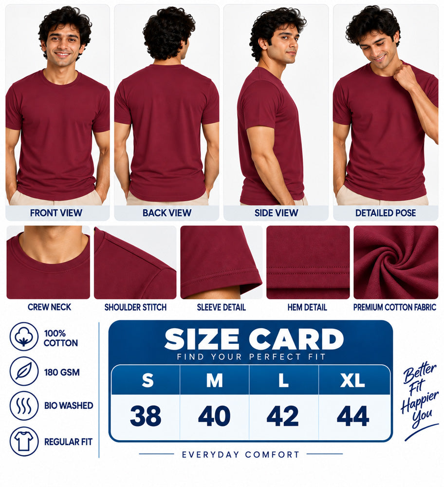 Clothizen Men's Premium 100% Cotton Solid T-Shirt | Black | Round Neck| Half Sleeves | Regular Fit | 180 GSM | Bio-Washed