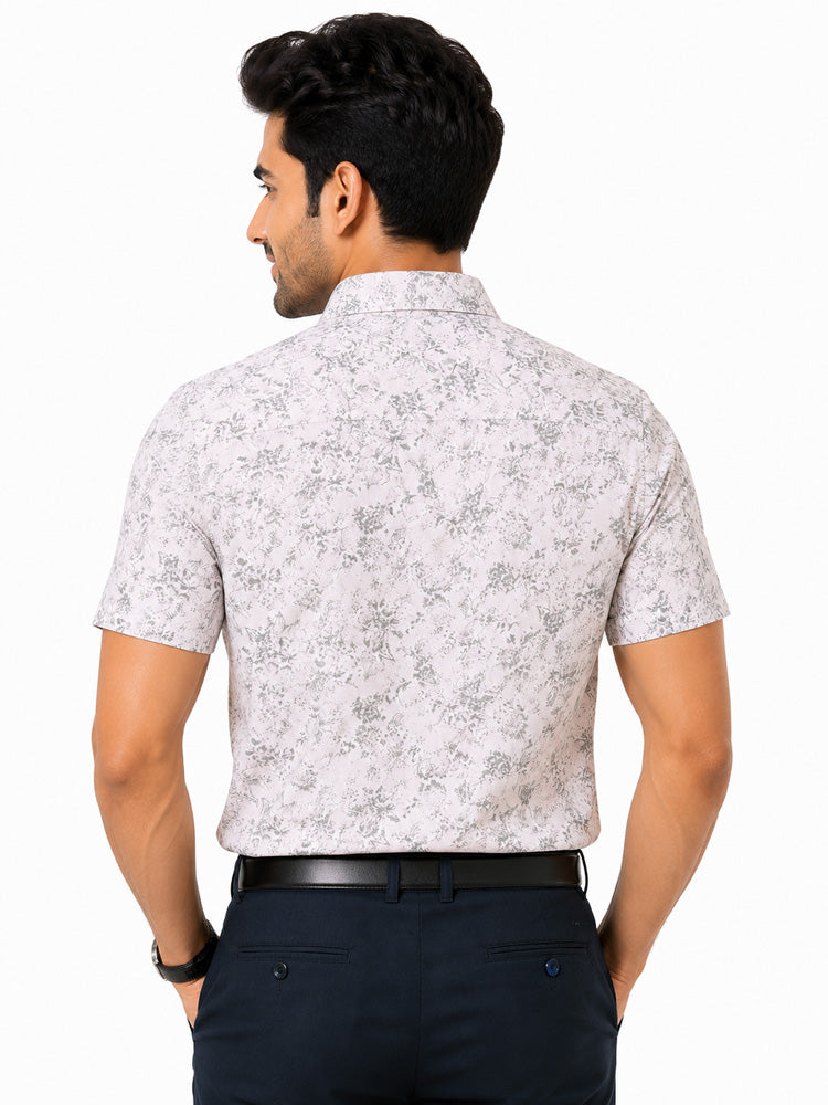 Men's Printed Slim Fit Semi Formal Shirt | Ivory White with Silver Grey Floral Print | Premium | 100% Cotton | Half Sleeves | Single Chest Pocket