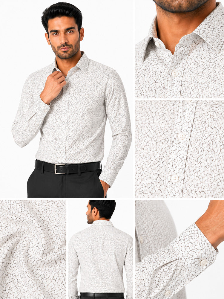 Men's Printed Regular Fit Formal Shirt | White cream| Premium | 100% Satin Cotton | Full Sleeves | Single Chest Pocket