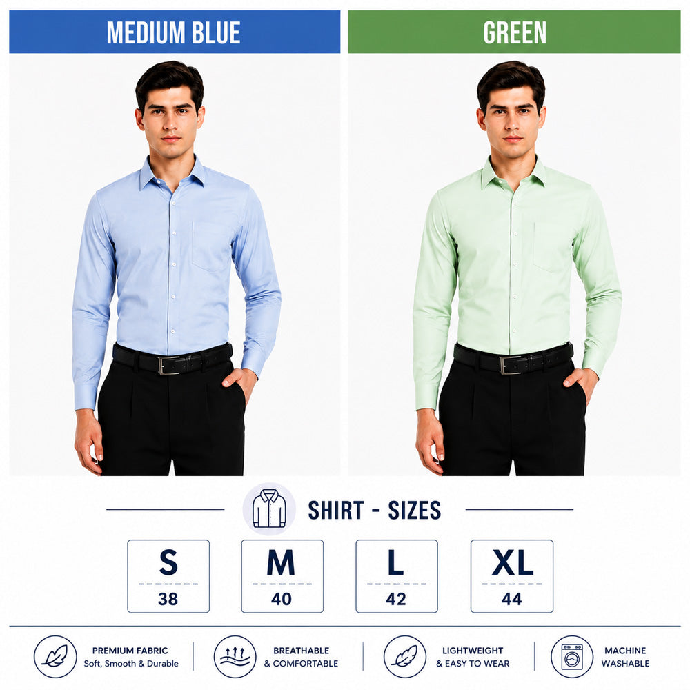 Clothizen Men's Solid Formal Shirt pack of 2 Medium Blue | Green| Premium | Cotton Enriched | Full Sleeves | Comfort Fit | Single Chest Pocket Secondary image