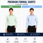 Clothizen Men's Solid Formal Shirt pack of 2 | Green | Light Blue | Premium | Cotton Enriched | Full Sleeves | Comfort Fit | Single Chest Pocket