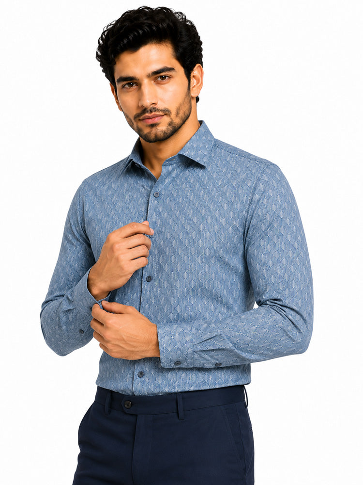 Men's Printed Regular Fit Formal Shirt | Aqua Blue | Premium |100% Satin Cotton | Full Sleeves | Single Chest Pocket