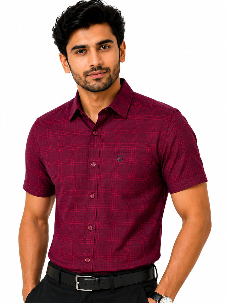 Men's Checkered Regular Fit Formal Shirt | Crimson Red with Self Checks | Premium | Pure Cotton | Half Sleeves | Single Chest Pocket