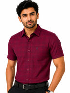 Men's Checkered Regular Fit Formal Shirt | Crimson Red with Self Checks | Premium | Pure Cotton | Half Sleeves | Single Chest Pocket