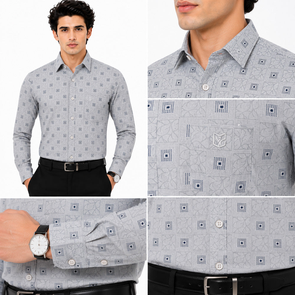 Men's Printed Regular Fit Semi Formal Shirt | Cream | Premium | Cotton Enriched | Full Sleeves | Single Chest Pocket