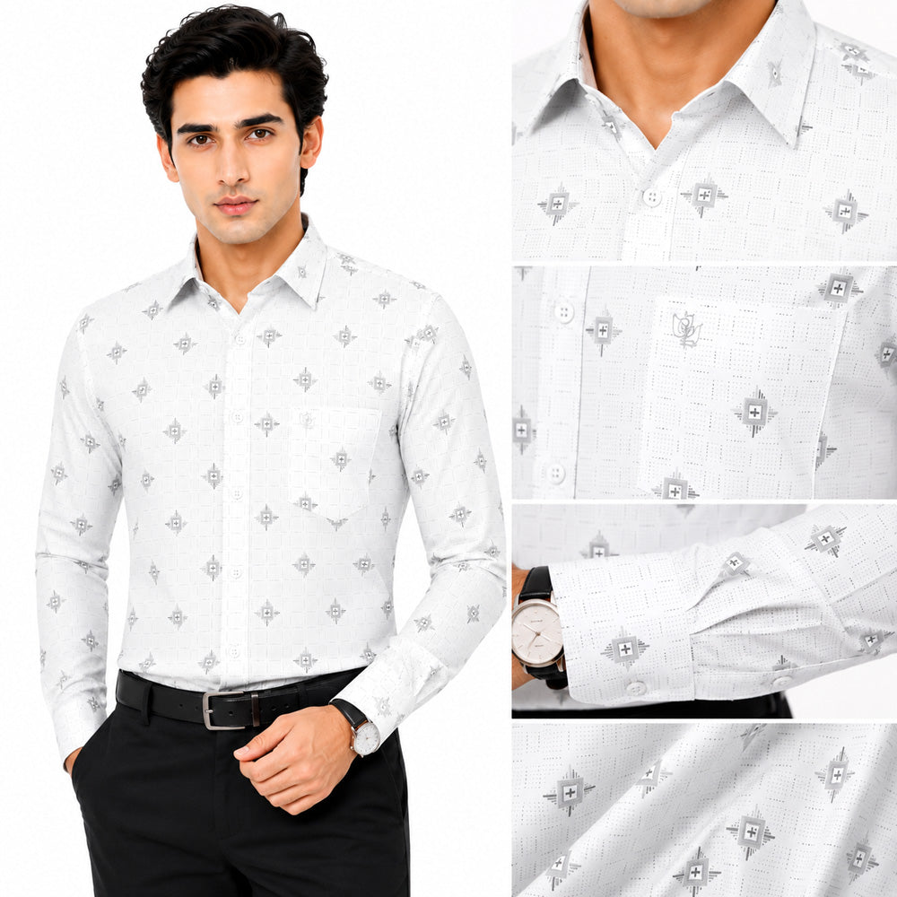 Men's Printed Regular Fit Semi Formal Shirt | Light Grey | Premium | Cotton Enriched | Full Sleeves | Single Chest Pocket