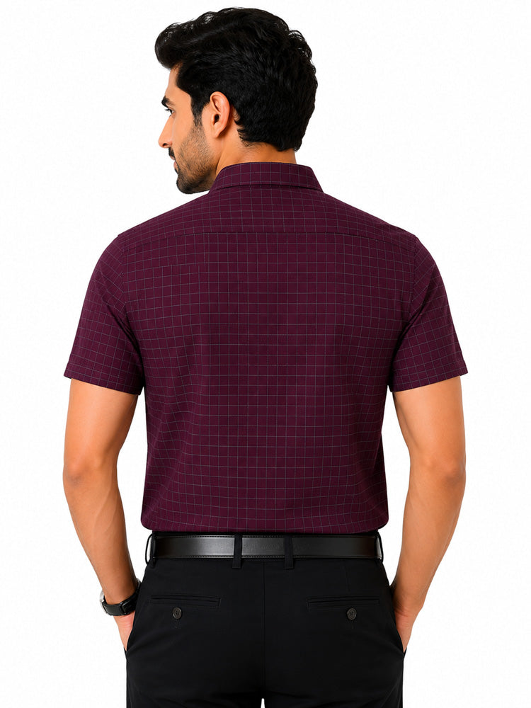 Men's Checkered Regular Fit Formal Shirt | Wine with Grey Checks | Premium | Pure Cotton | Half Sleeves | Single Chest Pocket