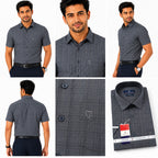 Men's Checkered Regular Fit Formal Shirt | Slate Grey with Self Checks | Premium | Pure Cotton | Half Sleeves | Single Chest Pocket