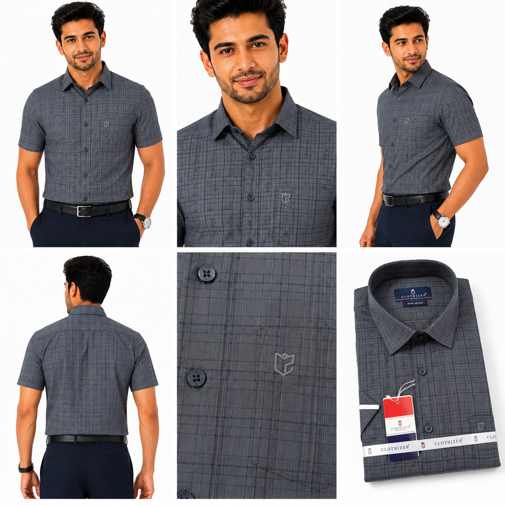 Men's Checkered Regular Fit Formal Shirt | Slate Grey with Self Checks | Premium | Pure Cotton | Half Sleeves | Single Chest Pocket