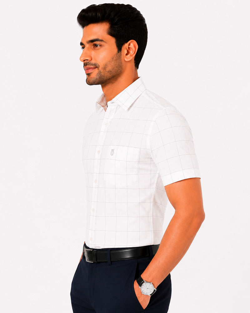 Men's Checkered Regular Fit Formal Shirt | White with Black Checks | Premium | Pure Cotton | Half Sleeves | Single Chest Pocket