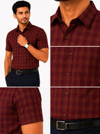 Men's Checkered Regular Fit Formal Shirt | Charcoal Grey with Copper Checks | Premium | Pure Cotton | Half Sleeves | Single Chest Pocket
