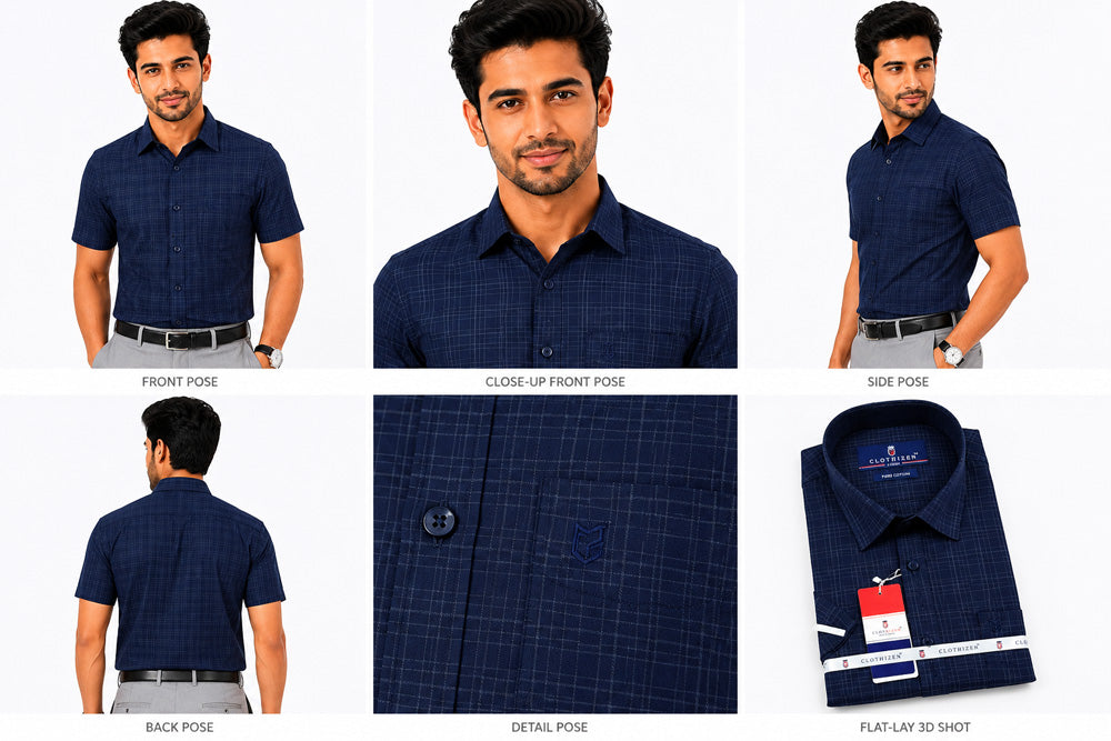 Men's Checkered Regular Fit Formal Shirt | Slate Grey with Self Checks | Premium | Pure Cotton | Half Sleeves | Single Chest Pocket