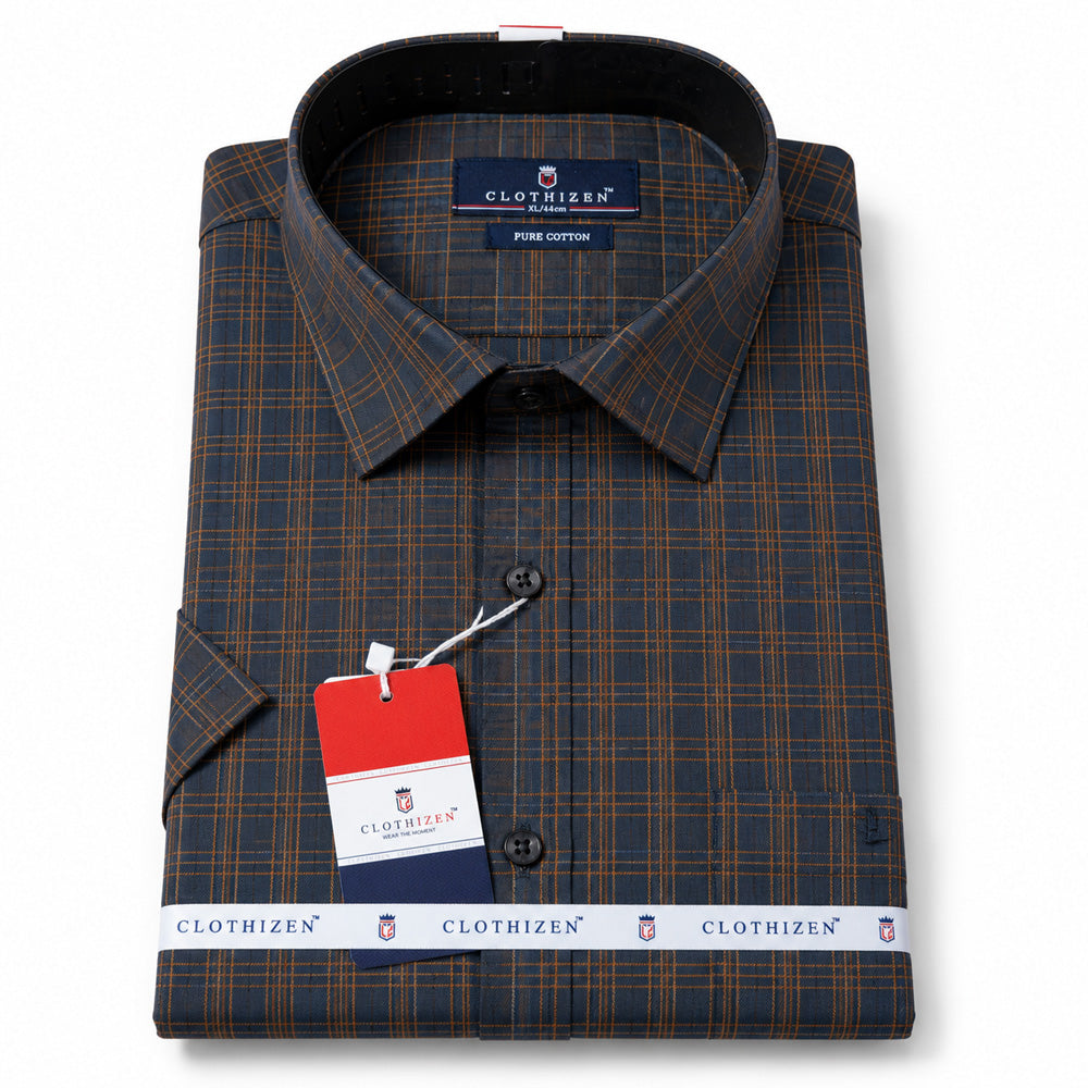 Men's Checkered Regular Fit Formal Shirt | Charcoal Grey with Copper Checks | Premium | Pure Cotton | Half Sleeves | Single Chest Pocket