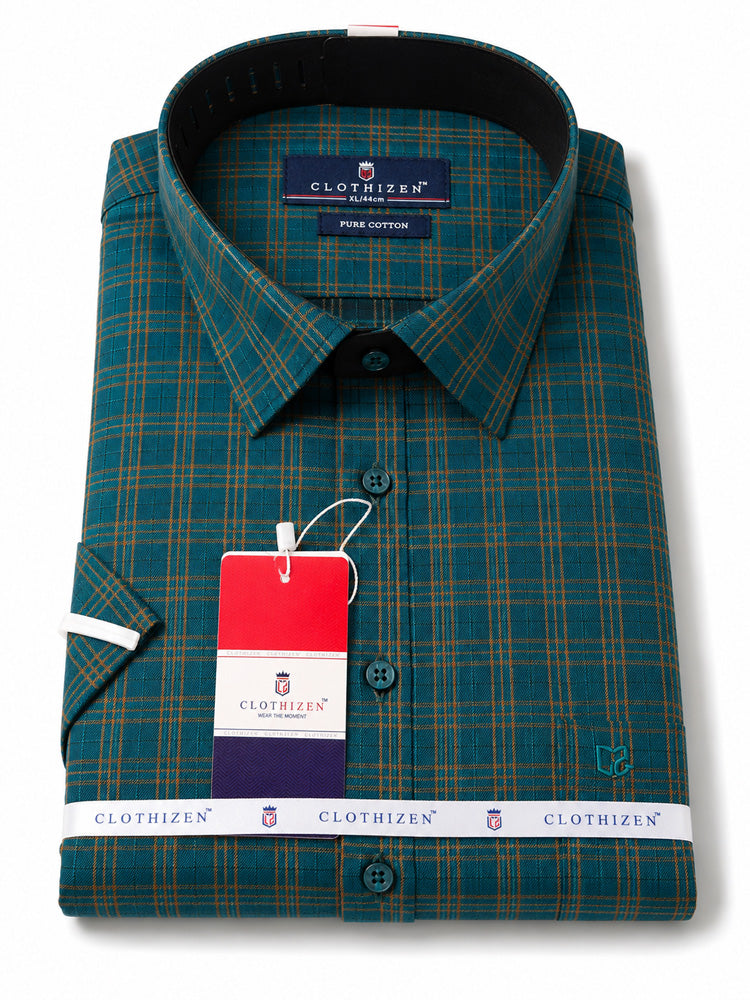 Men's Checkered Regular Fit Formal Shirt | Charcoal Grey with Copper Checks | Premium | Pure Cotton | Half Sleeves | Single Chest Pocket