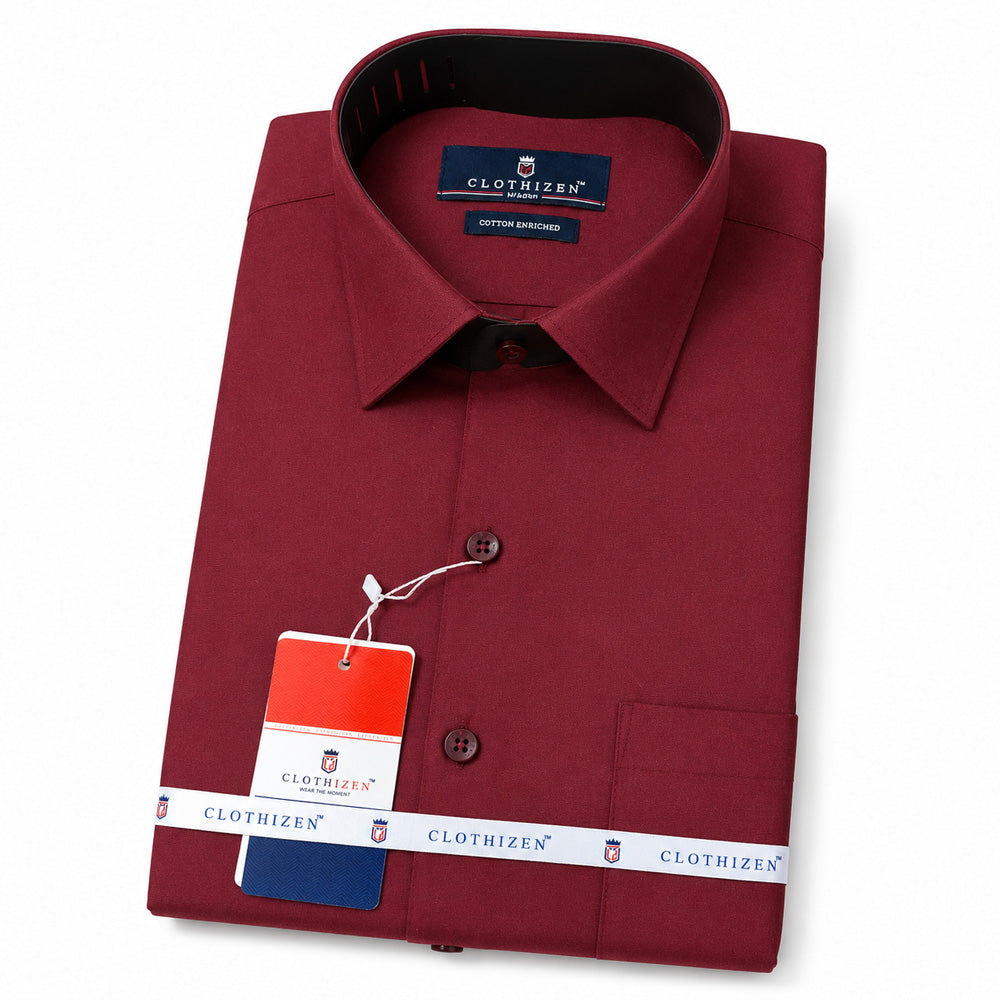 Clothizen Men's Solid Formal Shirt | Deep Maroon | Premium | Cotton Enriched | Full Sleeves | Comfort Fit | Single Chest Pocket