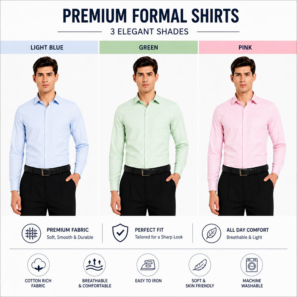 Clothizen Men's Solid Formal Shirt pack of 3 | Light Blue | Green | Pink | Premium | Cotton Enriched | Full Sleeves | Comfort Fit | Single Chest Pocket