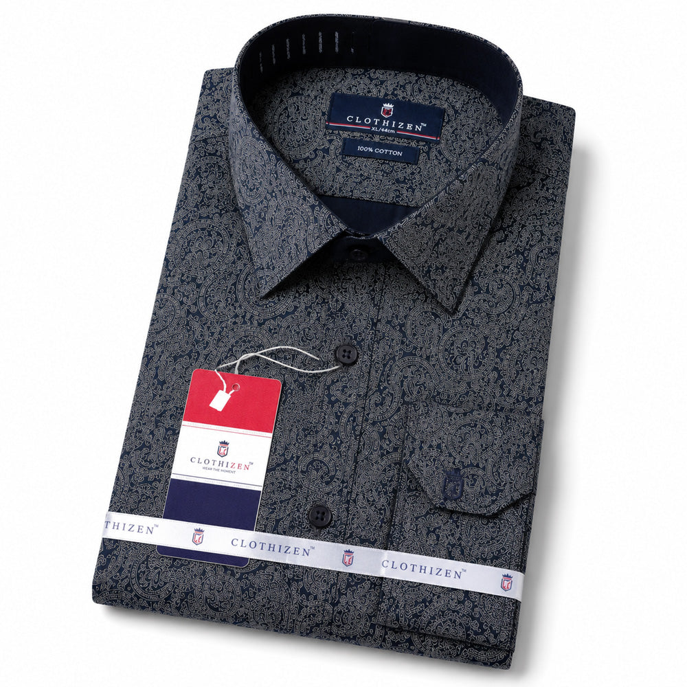 Men's Printed Regular Fit  Semi Formal Shirt | Black | Premium | 100% Cotton | Full Sleeves | Single Chest Pocket