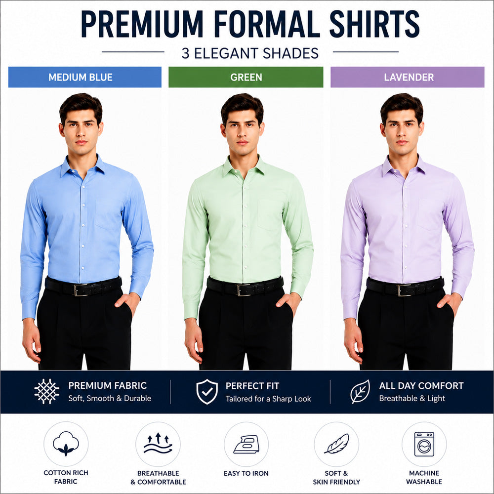 Clothizen Men's Solid Formal Shirt pack of 3 | Green | Lavender | Medium Blue | Premium | Cotton Enriched | Full Sleeves | Comfort Fit | Single Chest Pocket