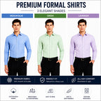 Clothizen Men's Solid Formal Shirt pack of 3 | Green | Lavender | Medium Blue | Premium | Cotton Enriched | Full Sleeves | Comfort Fit | Single Chest Pocket