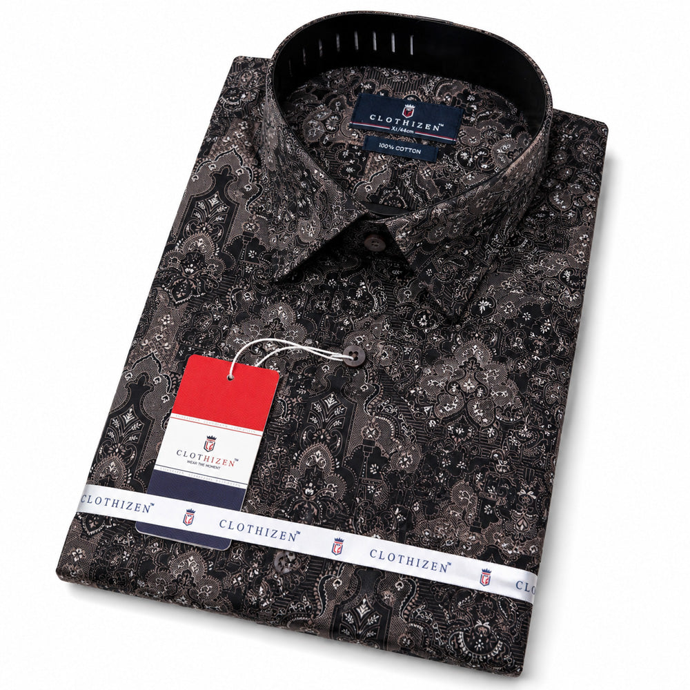 Men's Printed Regular Fit  Semi   Formal Shirt | Coffee Brown | Premium | 100% Cotton | Full Sleeves | Single Chest Pocket
