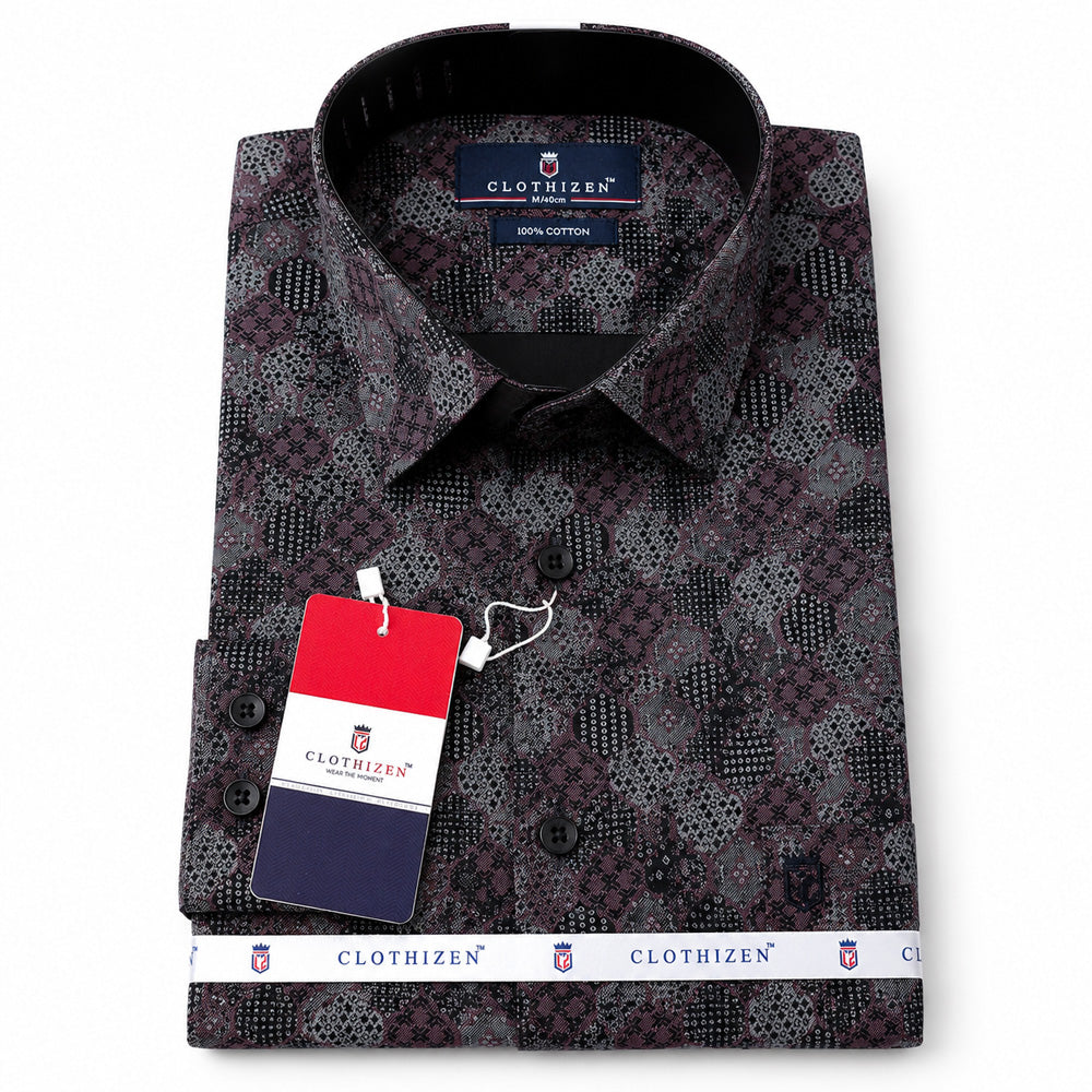 Men's Printed Regular Fit  Semi Formal Shirt | Wine Black | Premium | 100% Cotton | Full Sleeves | Single Chest Pocket