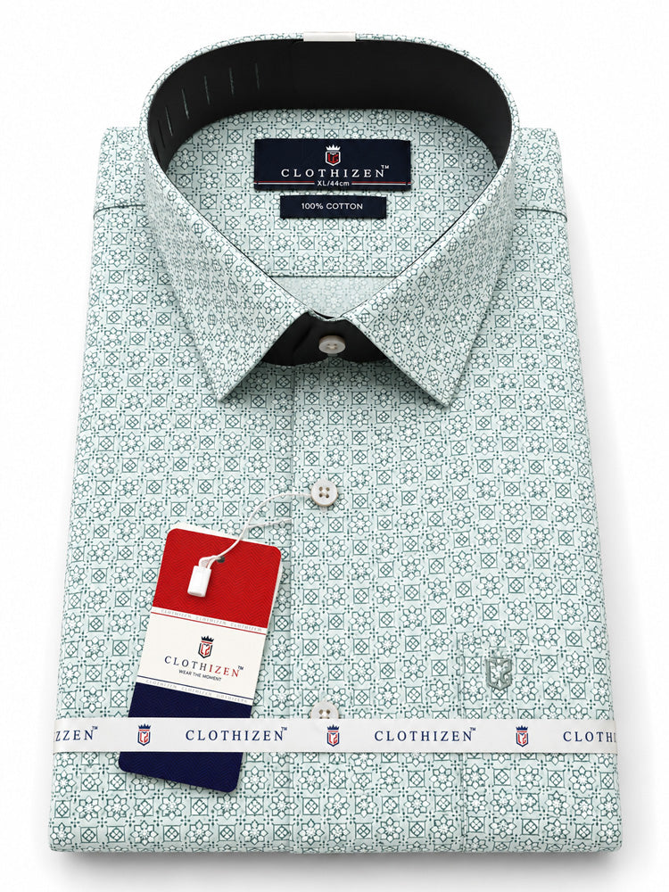 Men's Printed Regular Fit Formal Shirt |Aqua Blue Premium |100% Satin Cotton | Full Sleeves | Single Chest Pocket