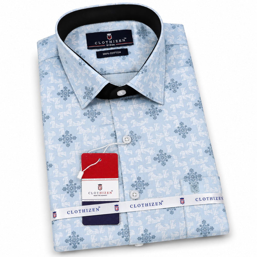 Men's Printed Regular Fit  Semi   Formal Shirt | Sky Blue | Premium | 100% Cotton | Full Sleeves | Single Chest Pocket