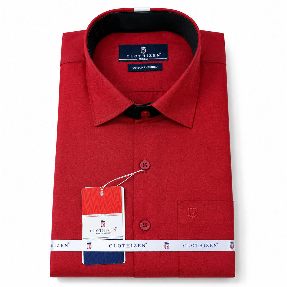 Clothizen Men's Solid Formal Shirt | Deep Maroon | Premium | Cotton Enriched | Full Sleeves | Comfort Fit | Single Chest Pocket