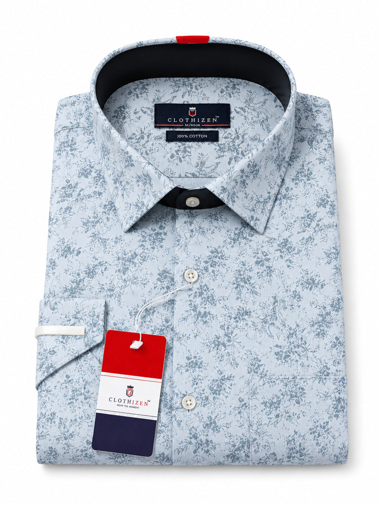 Men's Printed Slim Fit Semi Formal Shirt | Ivory White with Silver Grey Floral Print | Premium | 100% Cotton | Half Sleeves | Single Chest Pocket