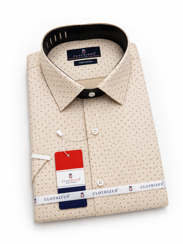 Men's Printed Slim Fit Semi Formal Shirt | Light Beige| Premium | Cotton | Half Sleeves | Single Chest Pocket
