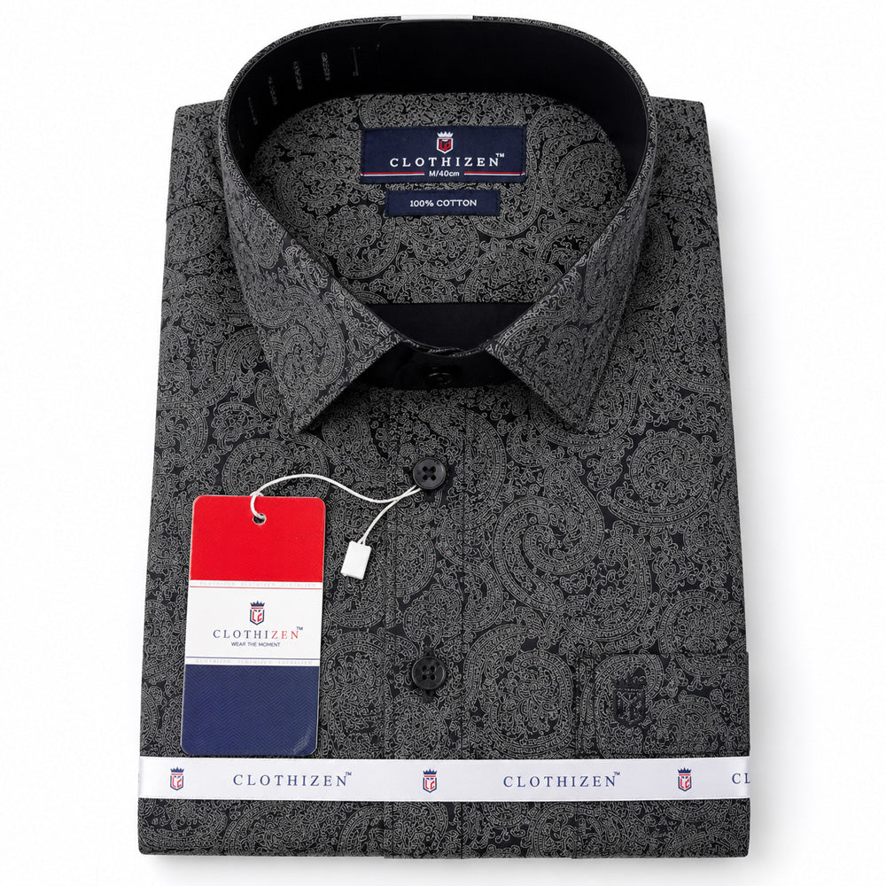 Men's Printed Regular Fit  Semi Formal Shirt | Black | Premium | 100% Cotton | Full Sleeves | Single Chest Pocket
