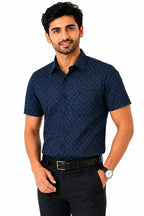 Men's Printed Regular Fit Formal Shirt | Indigo Blue with Grey Geometric Print | Premium | Pure Cotton | Half Sleeves | Single Chest Pocket