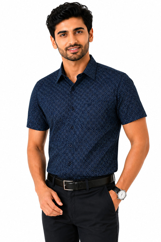 Men's Printed Regular Fit Formal Shirt | Indigo Blue with Grey Geometric Print | Premium | Pure Cotton | Half Sleeves | Single Chest Pocket