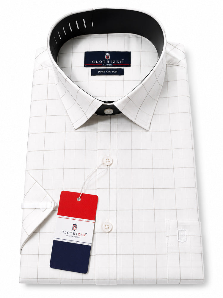 Men's Checkered Regular Fit Formal Shirt | White with Black Checks | Premium | Pure Cotton | Half Sleeves | Single Chest Pocket