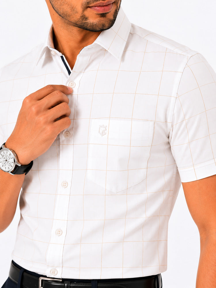 Men's Checkered Regular Fit Formal Shirt | White with Gold Checks | Premium | Pure Cotton | Half Sleeves | Single Chest Pocket