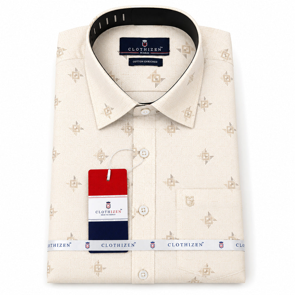 Men's Printed Regular Fit Semi Formal Shirt | Light Grey | Premium | Cotton Enriched | Full Sleeves | Single Chest Pocket