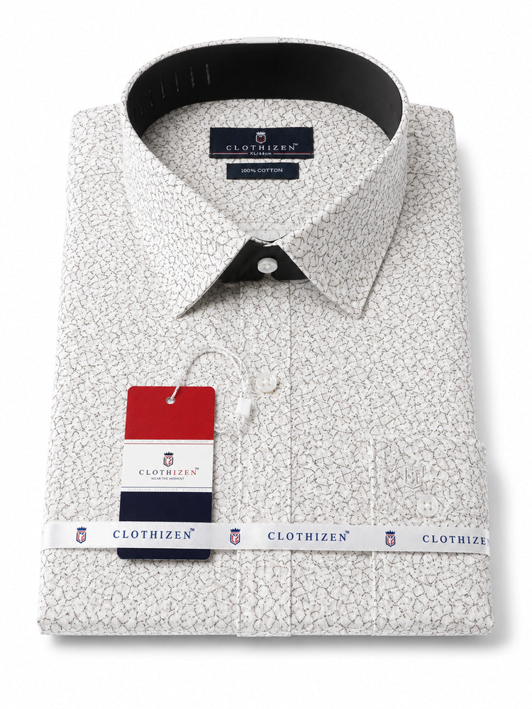 Men's Printed Regular Fit Formal Shirt | White cream| Premium | 100% Satin Cotton | Full Sleeves | Single Chest Pocket