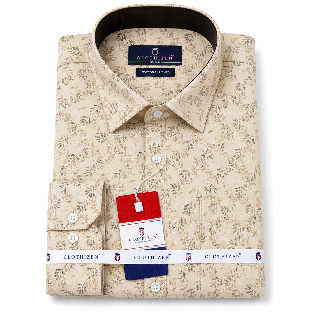 Men's Printed Regular Fit Semi Formal Shirt | Cream | Premium | Cotton Enriched | Full Sleeves | Single Chest Pocket