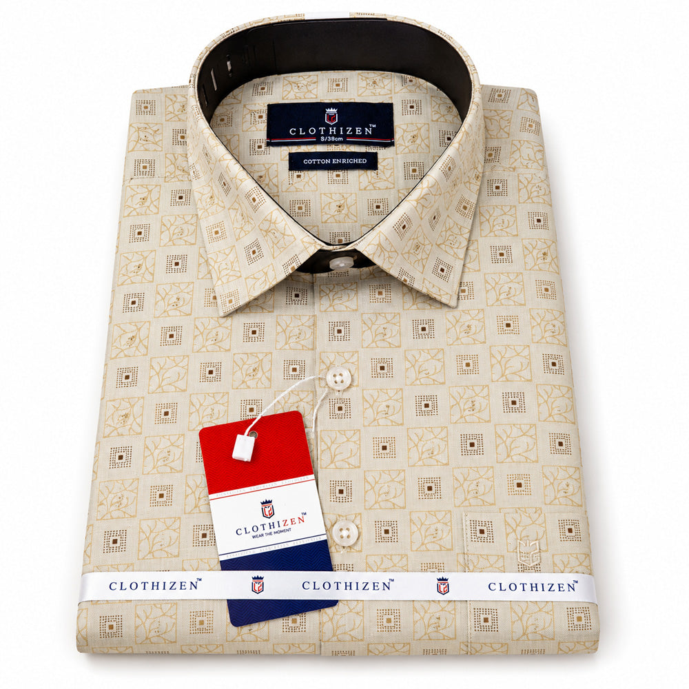 Men's Printed Regular Fit Semi Formal Shirt | Cream | Premium | Cotton Enriched | Full Sleeves | Single Chest Pocket