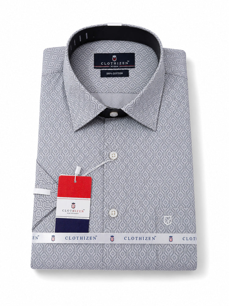 Men's Printed Regular Fit Formal Shirt | Ice Grey with Slate Grey Geometric Print | Premium | Pure Cotton | Half Sleeves | Single Chest Pocket