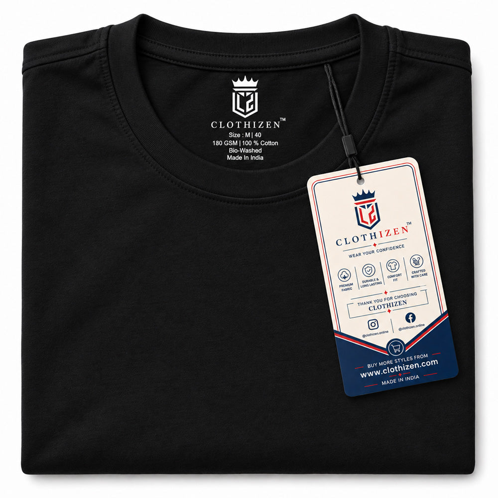 Clothizen Men's Premium 100% Cotton Solid T-Shirt | Black | Round Neck| Half Sleeves | Regular Fit | 180 GSM | Bio-Washed