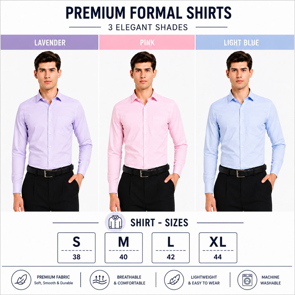 Clothizen Men's Solid Formal Shirt pack of 3 | Light Blue | Lavender | Pink | Premium | Cotton Enriched | Full Sleeves | Comfort Fit | Single Chest Pocket